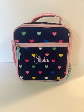 EUC Personalized Olivia Pottery Barn Kids (PBK) Heart Lunch Box - Navy & Pink